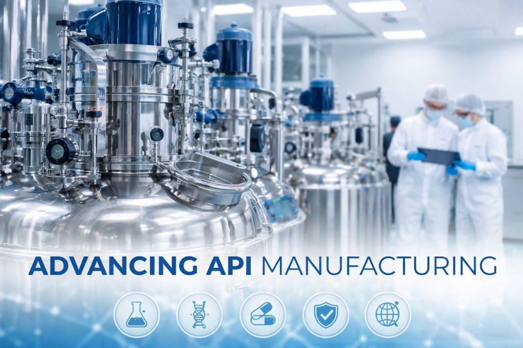 Sterile pharmaceutical manufacturing environment — illustrative Auronova API production banner
